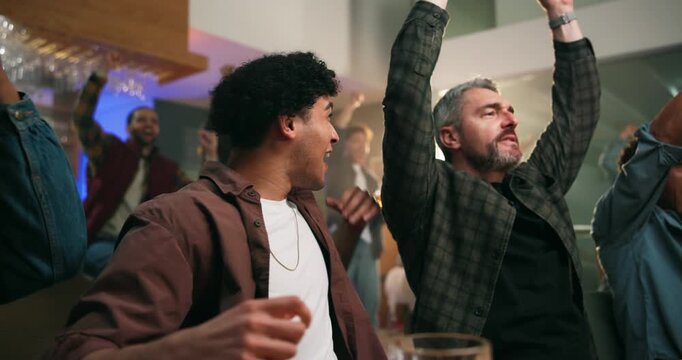 Men, cheering and watching tv with celebration at bar for match goal, winning and entertainment. Sport fans, excited friends and energy with high five in pub for football tournament or live broadcast