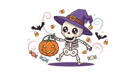 Human skeleton and ghost pumpkin