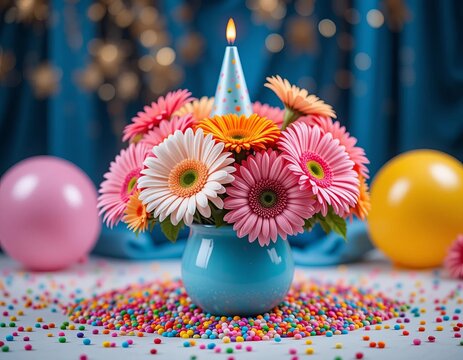 Joyful birthday bouquet with lit candle and festive balloons creates a celebratory atmosphere.