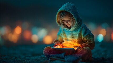 Enchanting young child engrossed in tablet glow on beach at night, surrounded by magical bokeh lights, capturing a moment of wonder and digital connection