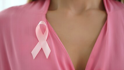 Breast Health Awareness Close-Up of Pink Ribbon on Silk Top