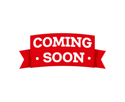 Read ribbon banner with coming soon text on transparent background, PNG