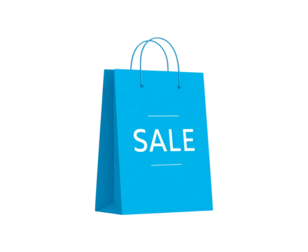 Blue shopping bag with sale text on transparent background, PNG