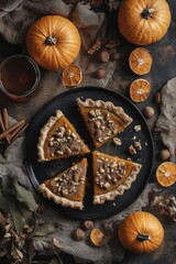 Flat lay of pumpkin pie slices with autumn decorations