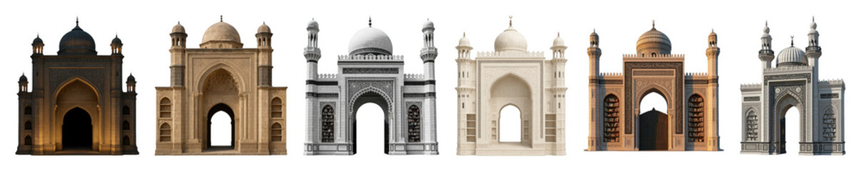 Fototapeta premium Ornate archway set including Islamic and Middle Eastern architectural structures isolated. Cultural and religious building elements.