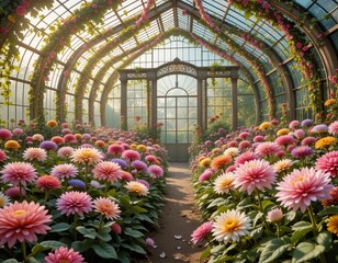 Blooming greenhouse filled with vibrant colorful flowers bathed in soft sunlight, creating a magical garden atmosphere.