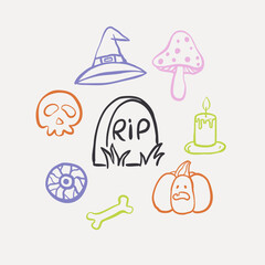 Minimalist line art Halloween icons set. Simple and modern design perfect for seasonal illustrations, greeting cards, invitations, and digital projects.