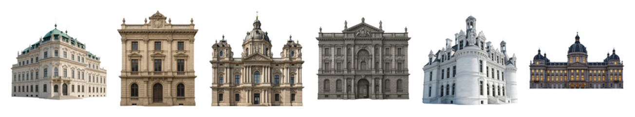 Fototapeta premium Ornate European building set including Neoclassical, Baroque, Renaissance, palace, and chateau facades isolated. Historical architecture and city design elements.