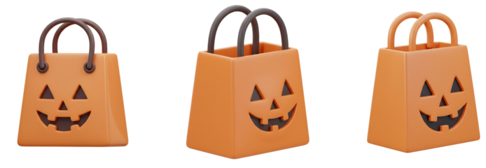 Festive jack-o'-lantern treat bags perfect for Halloween candy collection and spooky party decor with transparent background