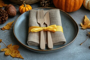Autumn table setting with cutlery wrapped in a brown napkin