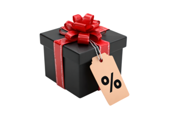 Black gift box with red bow and discount tag on transparent background, PNG
