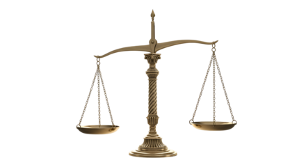 Justice scales, golden balance scale isolated PNG with Transparent Background