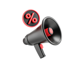 Black megaphone with red accents and percentage symbol on transparent background, PNG