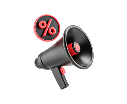 Black megaphone with red accents and percentage symbol on transparent background, PNG