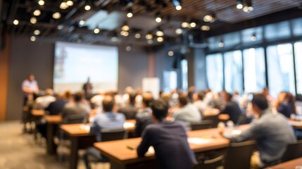 Business Seminar Blur: A blurred seminar or workshop setting with speakers and participants, perfect for professional development and learning themes. High quality
