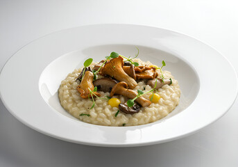 Fine Dining Presentation of Mushroom Risotto with Fresh Herbs on Elegant Porcelain Plate