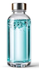 Clear glass bottle filled with blue water on white background
