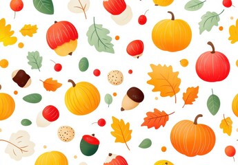 Seamless autumn pattern featuring pumpkins, leaves, and acorns