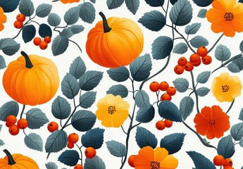 Fototapeta premium Seamless autumn pattern with pumpkins, leaves, and flowers