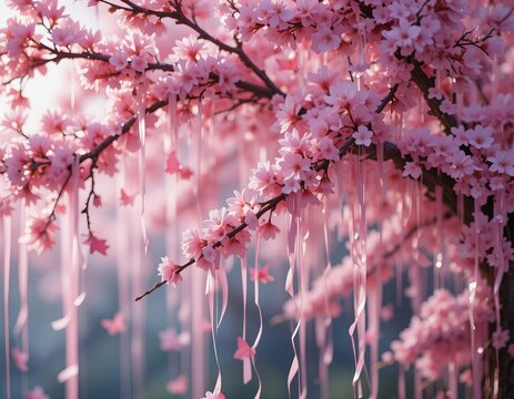 Delicate pink cherry blossoms adorn a tree with flowing ribbons, evoking a sense of serene spring beauty.
