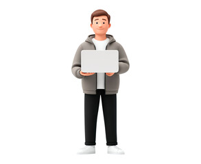 3d illustration of young man using a laptop for work or study on transparent background, PNG