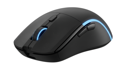 Black computer mouse with blue LED accent lighting isolated PNG with Transparent Background