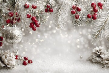 Winter holiday decorations featuring frosted pine branches, red berries, and silver ornaments in festive setting