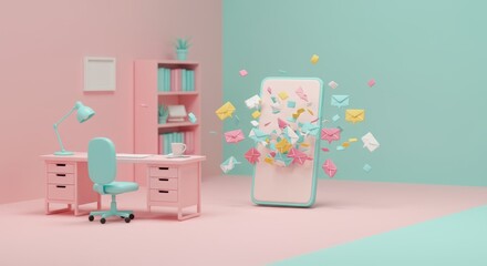 Email notifications popping out of a smartphone in a creatively styled office setup