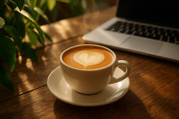 A steaming cup of hot latte coffee with beautiful heart-shaped milk foam art served in a white ceramic cup and saucer on a rustic wooden table, cozy atmosphere with natural light, fresh morning inspir
