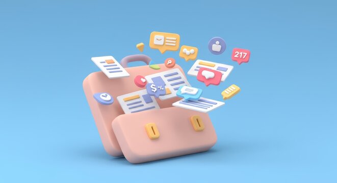 3D Pastel Briefcase with Floating Social Media and Business Notifications