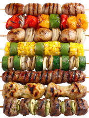Grilled skewers with various meats and vegetables