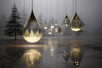 Hanging light ornaments reflect trees in a serene winter landscape during twilight