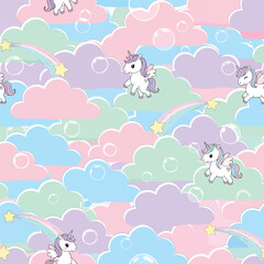 Whimsical pastel unicorns and clouds pattern design for children's decor needs, seamless pattern, Stock royalty image.