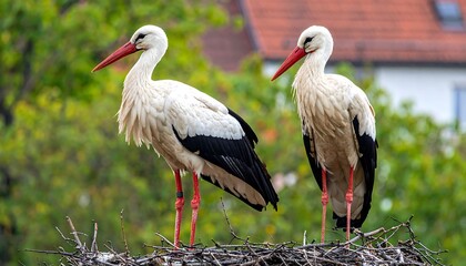 Fototapeta premium Two white storks stand alert in a nest, their red legs and beaks contrasting against the muted green backdrop of a leafy environment.