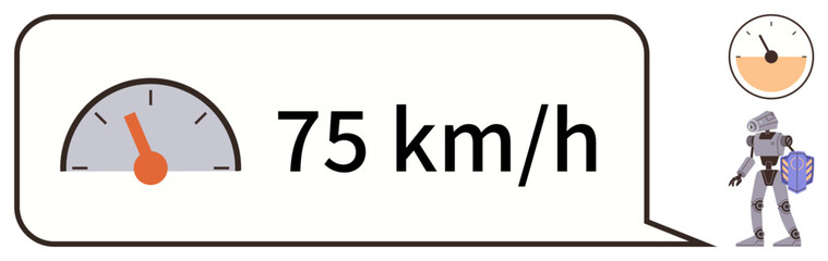 Speedometer gauge with 75 kmh reading, robot holding a package, clock hinting at time tracking. Ideal for logistics, automation, speed, delivery systems, robotics efficiency futuristic concepts. A