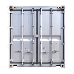 ​A straight-on view of the closed doors of a silver, metallic shipping container isolated on a clean white background, ready for transport or storage.