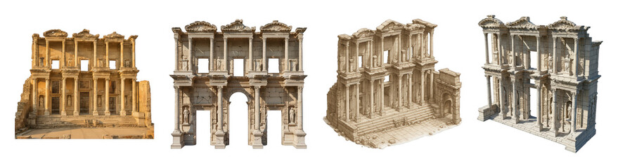 Fototapeta premium Celsus Library ruins set including photorealistic and illustrated views isolated. Historical building elements for design and education.