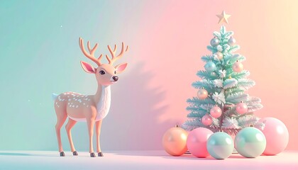 A charming cartoon deer stands beside a festive, pastel-toned Christmas tree adorned with colorful ornaments, creating a delightful winter scene.