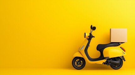 Bright yellow scooter ready for delivery in a vibrant urban setting