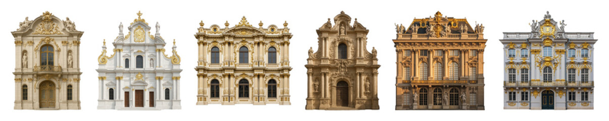 Fototapeta premium Ornate Baroque and Rococo building facade set including various historical European architectural styles isolated. Elegant structures and classical designs.