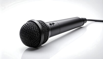 A sleek, black microphone with a mesh grille is angled against a bright white background.