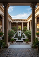 Obraz premium Peristyle: An Ancient Courtyard with a Reflecting Pool, Lush Plants, and Frescoed Walls