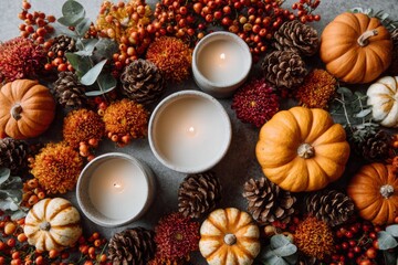 A table is covered with candles, pumpkins, and other fall decorations