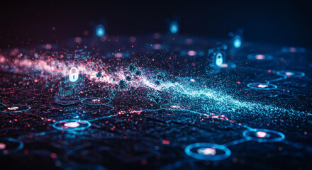 Abstract visualization of a secure digital network, representing data protection, cybersecurity, and interconnected technology with glowing nodes and lock icons