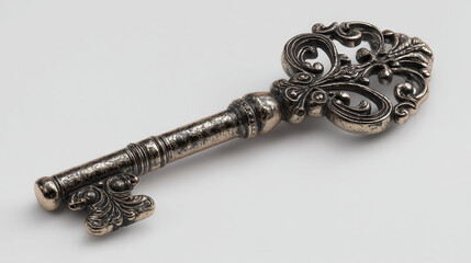 A close up shot of an ornate silver key with intricate details on a white background