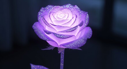 Illuminated Purple Rose with Glittering Petals on a Dark Backgro