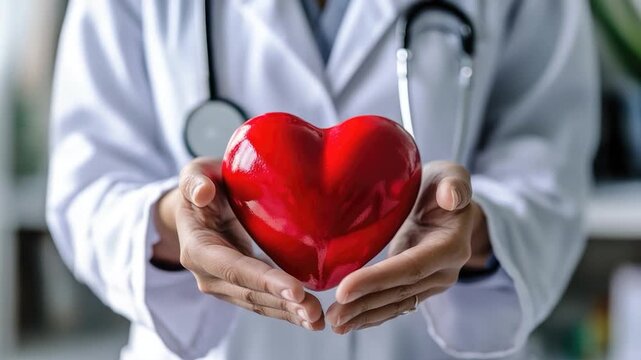 A doctor holding a red heart symbolizing love and care, useful for medical or health-related themes