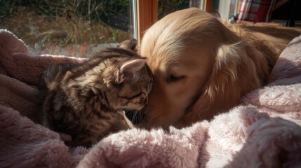 loyal. Golden retriever puppy nuzzling tabby kitten, capturing heartwarming animal friendship. wildlife magazines, conservation campaigns, designed for nature documentaries and education.