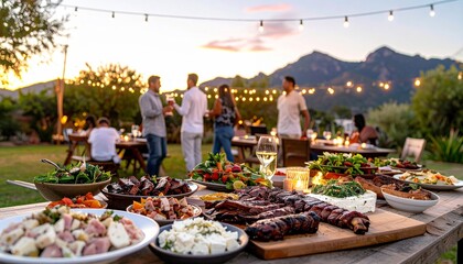 Friends enjoying a delicious BBQ feast at an outdoor twilight garden party.