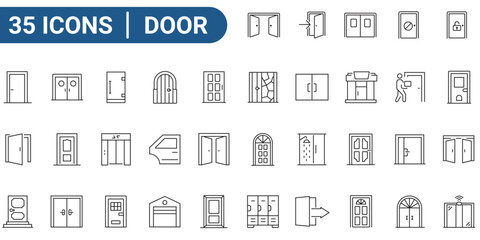 Door icon set. Containing enter, exit, doorbell, knock, open door, home, closed door, pull, push, and more. Editable stroke. Vector illustration
